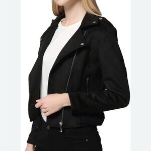 New Womens Black Faux Suede Moto Long Sleeve Pockets Size:M